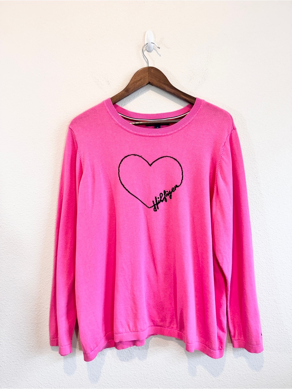 Tommy Hilfiger Heart Sweater 2X Hot Pink Coquette Preppy Cotton Knit Plus K62